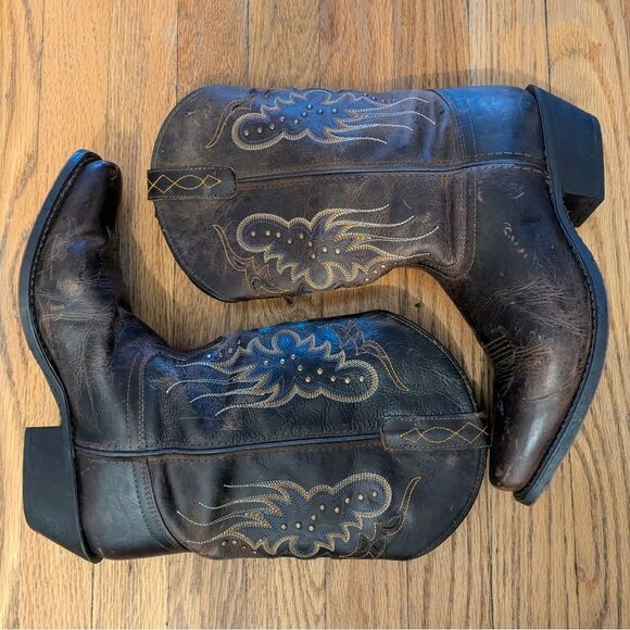 Loredo Western Brown Leather Cowboy Boots with Embroidered Design Square Toe - Picture 2 of 12